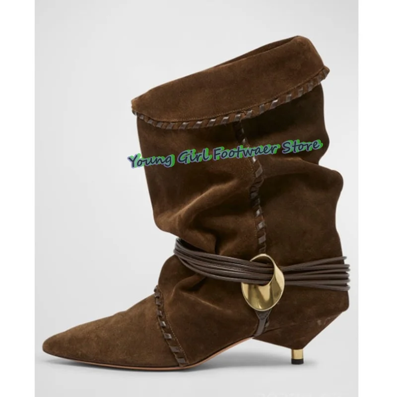 

Brown Suede Stilettos Western Boots Pointed Slip-on Pleats Metal Decoration Mid-calf Boots 43 Yards 2025Luxury For Women Ankle