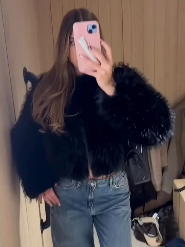 Hh mulheres inverno quente casacos curtos moda o-pescoço mangas compridas sólido casacos casuais mulher efeito de pele do falso casual streetwear topo