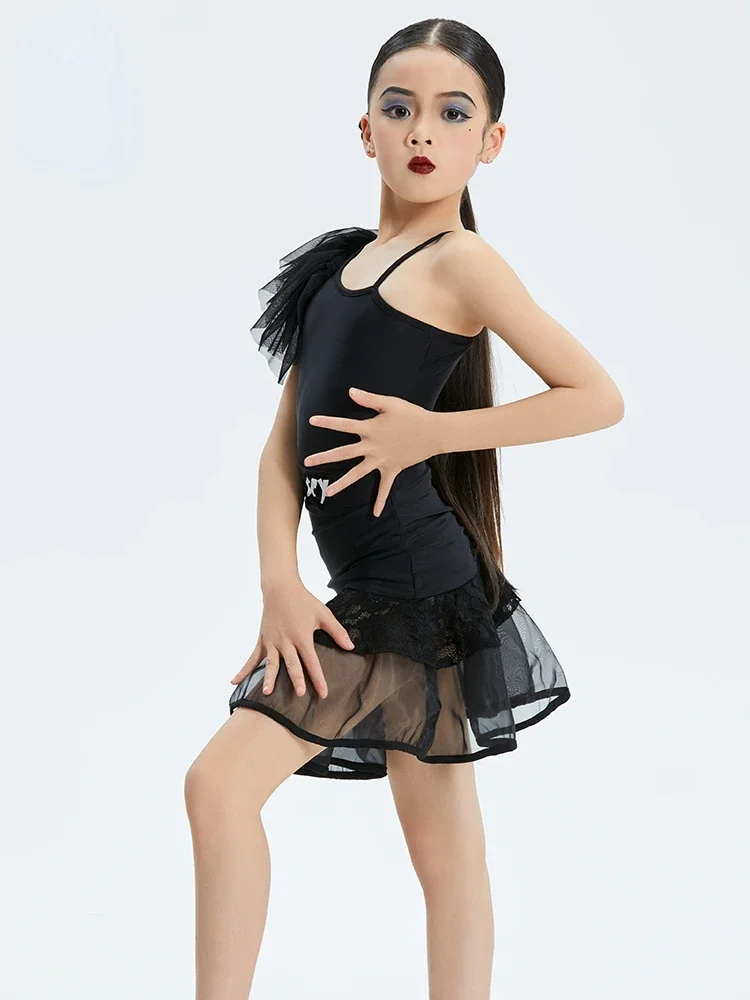 Black Samba Cha Cha Ballroom Latin Dance Costume Girls Child Rumba Dance Skirt Tango Dance Clothes Stage Competition Dress Kids