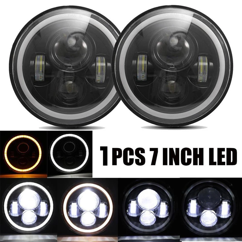 7 Inch Led Headlight H4 DRL Round 7'' Headlights with Yellow & White Angel Eye for Jeep Wrangler Lada Niva 4x4 50W 30W Accessory