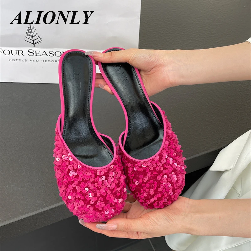 

Alionly 2023 Women Shoes Mule Clear Heels Patent Leather Slippers Sandals Sexy Crystal Low Heels Pointed Toe Slides Party Shoes