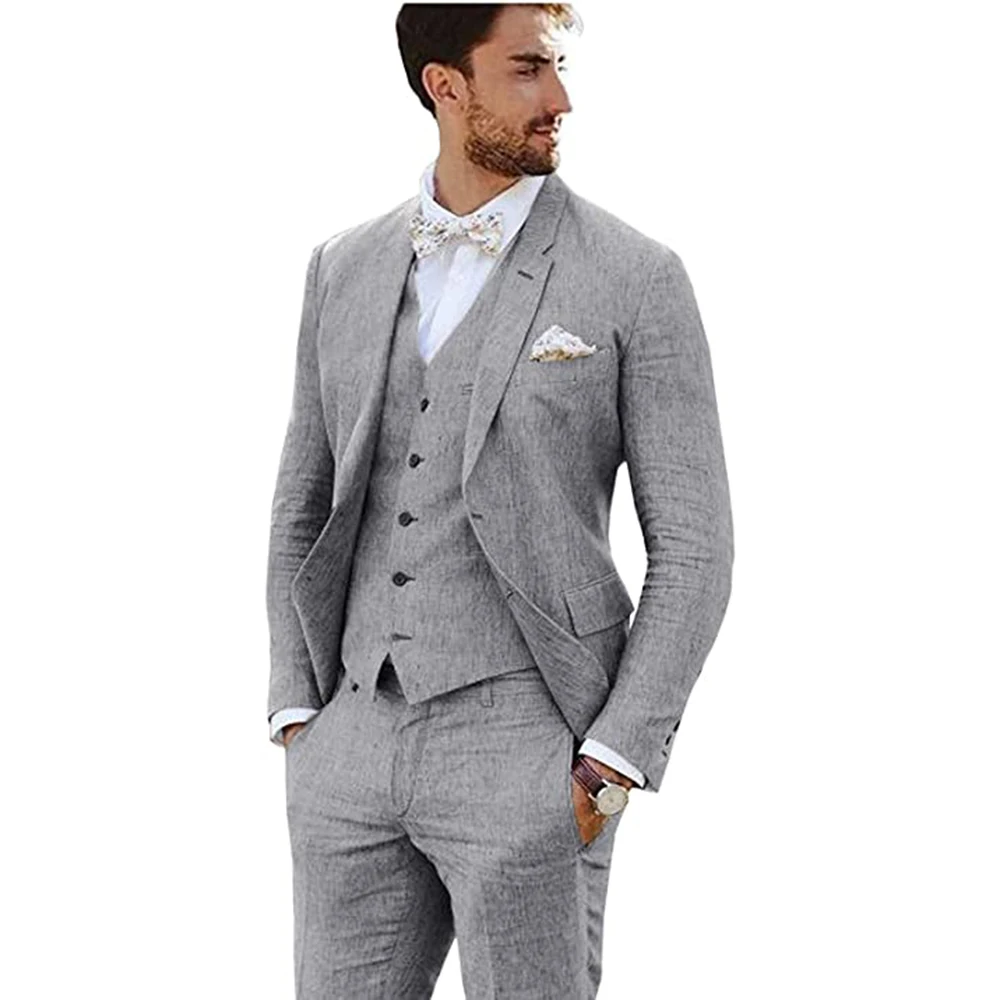 New Arrival Linen Party Business Casual Suit Groom Tuxedos Notched Lapel 3 Piece (Blazer + Vest + Pants)Slim Fit Costume Homme