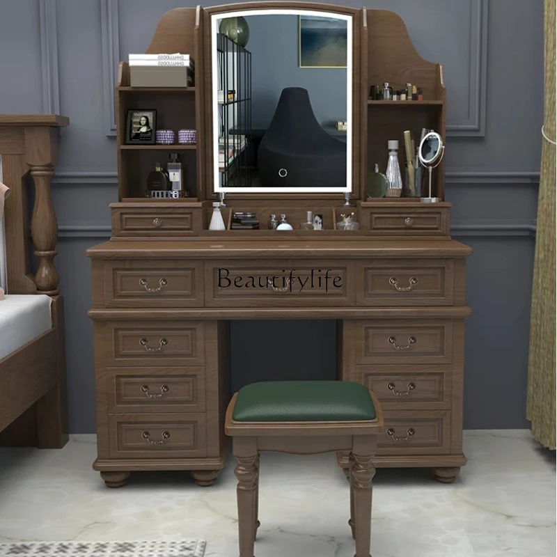 

All solid wood custom with lamp American country retro log makeup table with lamp storage dresser