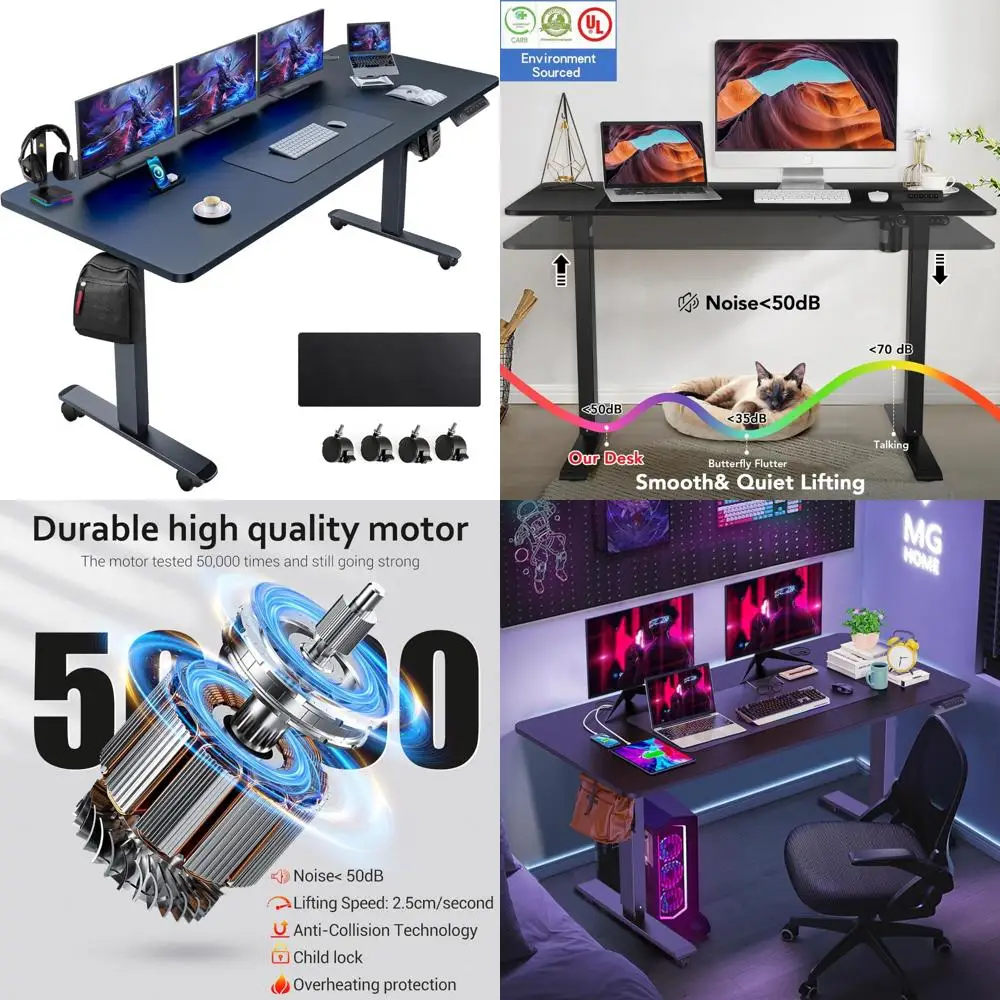 大型63x24インチ電動昇降式デスク、高さ調節可能、ロック可能なホイール、デュアルビームフレームオフィス用マウスパッド付き
