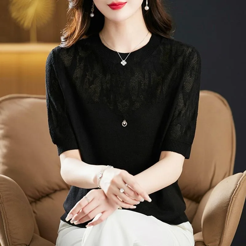 여성 스윗 스웨터 한국 라운드넥 시크 반팔 블라우스 풀오버 여름 레트로 슬림 홀터넥 크롭탑