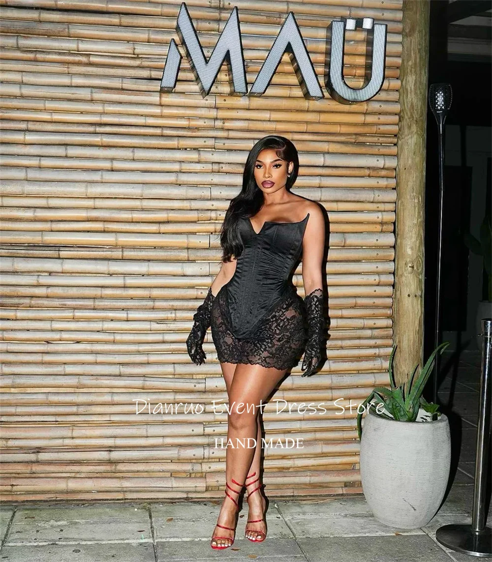 Dianruo Mini A Line Sweetheart พรหมชุดซาตินสีดําเย้ายวน Robe Cérémonie Lace Corseted Abendkleider Hochzeit ที่กําหนดเอง