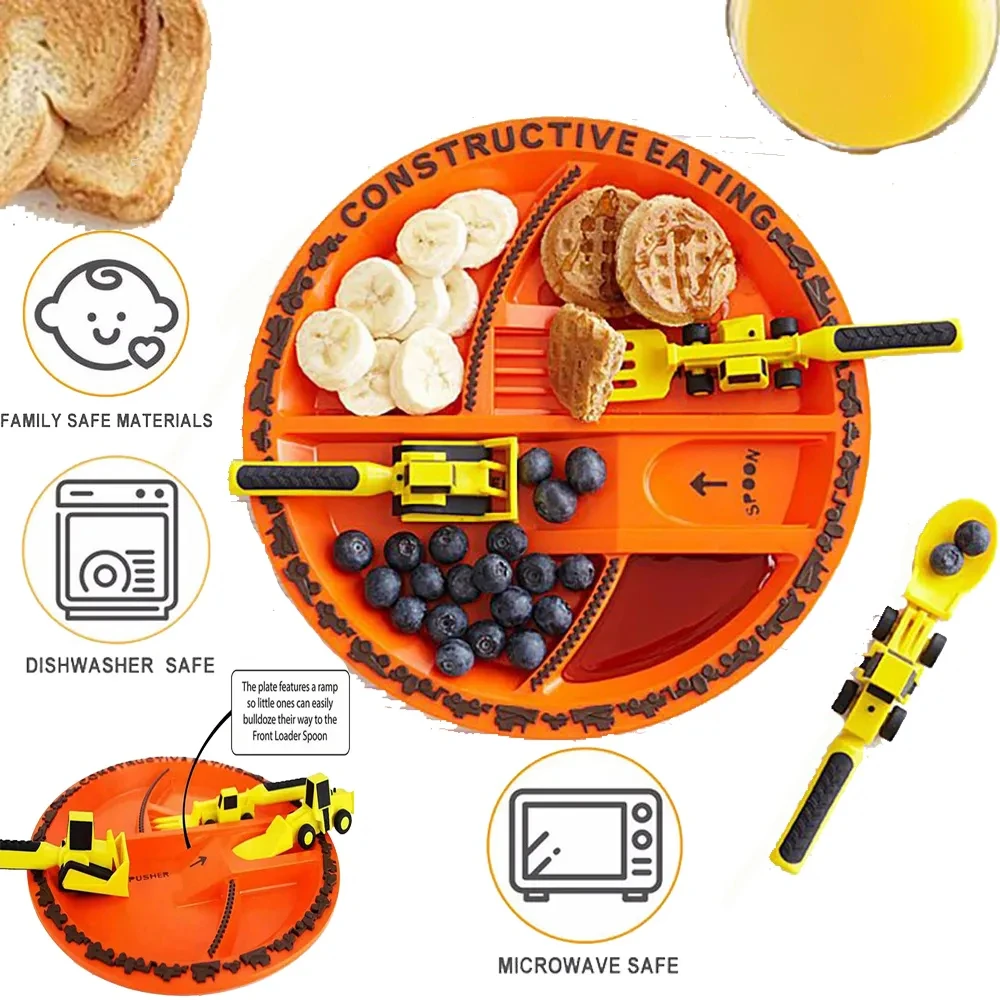 New Car Bulldozer Excavator Shovel Plate Knife Fork Spoon BPA Free Children Spoon Tableware Set  Dinnerware Set Dropspping