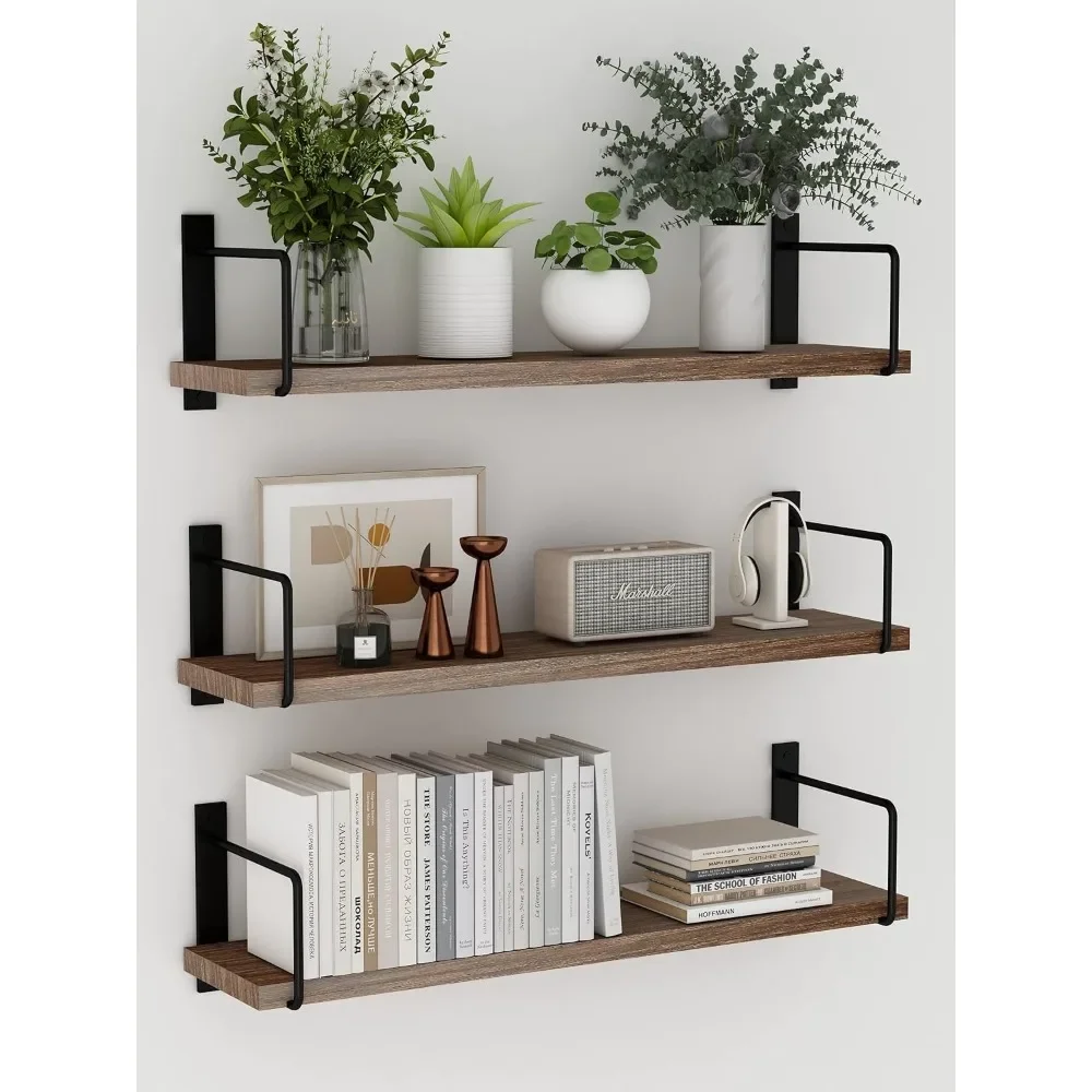 Floating Shelves, 24 Inches Easy to Install Wall Mounted Shelves, Wall Shelves Set of 3, Rustic Wood Shelves for Wall Décor, Sto