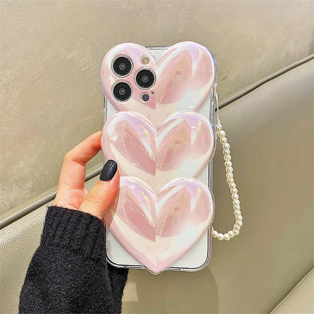 Clear Phone Case Fashion Overlapping, 3D Love Heart Gradient Pink Soft Shockproof Cover for iPhone 15 14 11 12 13 Pro Max Plus