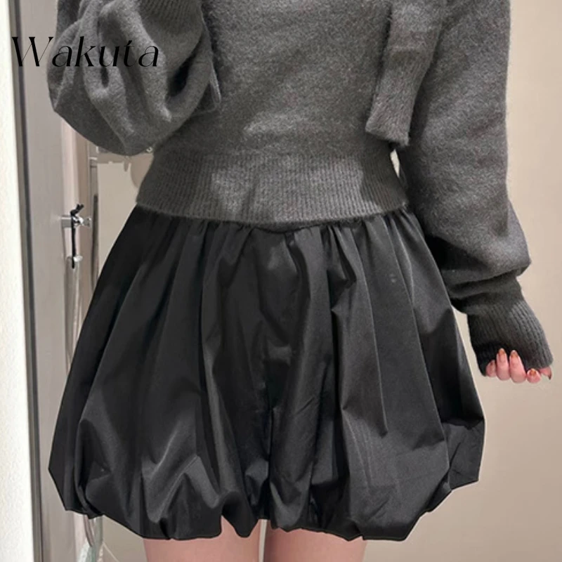 

Wakuta Japanese Retro High Waiste Flower Bud Fluffy A-line Short Skirts Harajuku Style Solid Travel Vacation Skirt Gothic Skirt