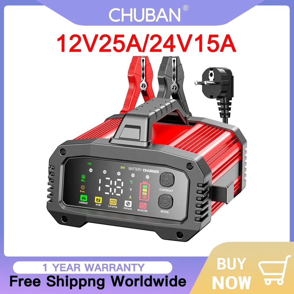 

Portable 25A/15A Smart Charger for 12V-24V Car & Motorcycle - Lead Acid AGM GEL LiFePo4 Batteries with Car Booster Pulse Repair