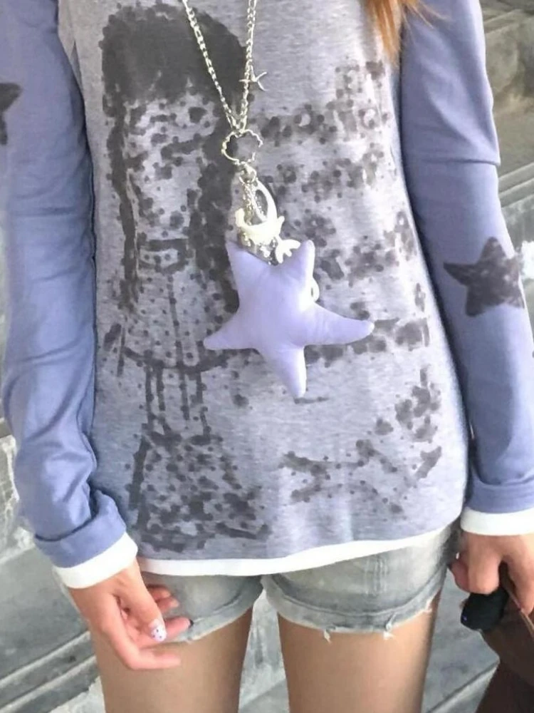 Y2K الجمالية قطعتين مجموعات المرقعة ستار الطباعة طويلة الأكمام تي شيرت خمر الكرتون سترة دون أكمام الإناث الجرونج دعوى