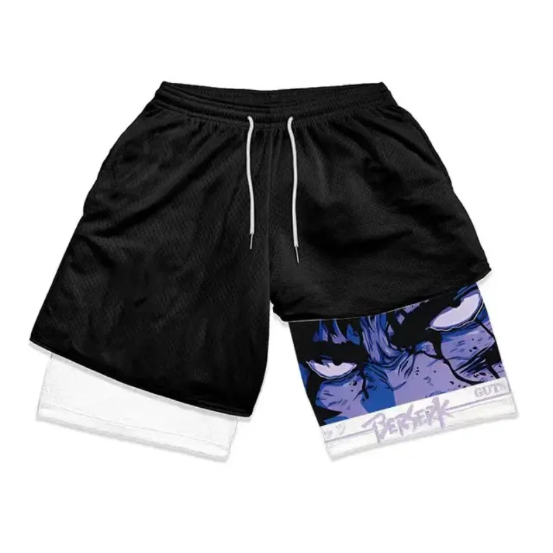 Summer men's double layered shorts men Anime high waisted oversized breathable Athletic Gym Short Pants Training Fitness shorts