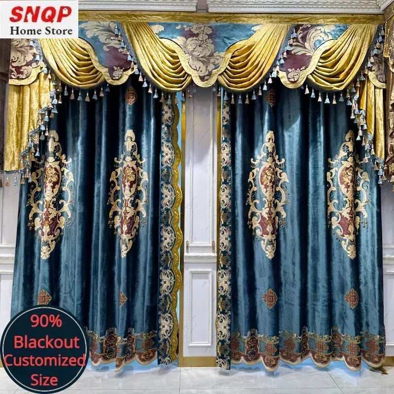 

European Luxury Palace Blue Velvet Curtains for Living Room Blackout Bedroom White Tulle Valance French Ice Embroidered Villa