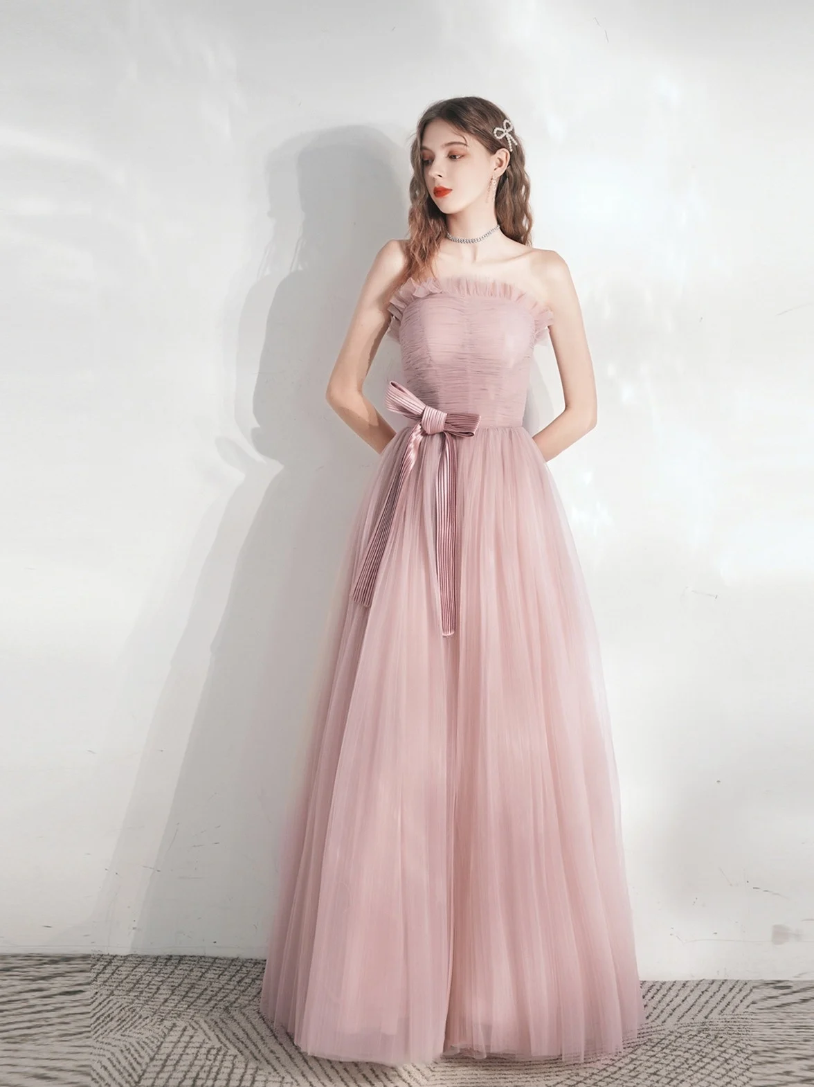 Elegant Pink Celebrity Dress Strapless Bow Tulle Backless Lace Up Sleeveless A Line Long Weeding Party Bridesmaid Prom Gowns New