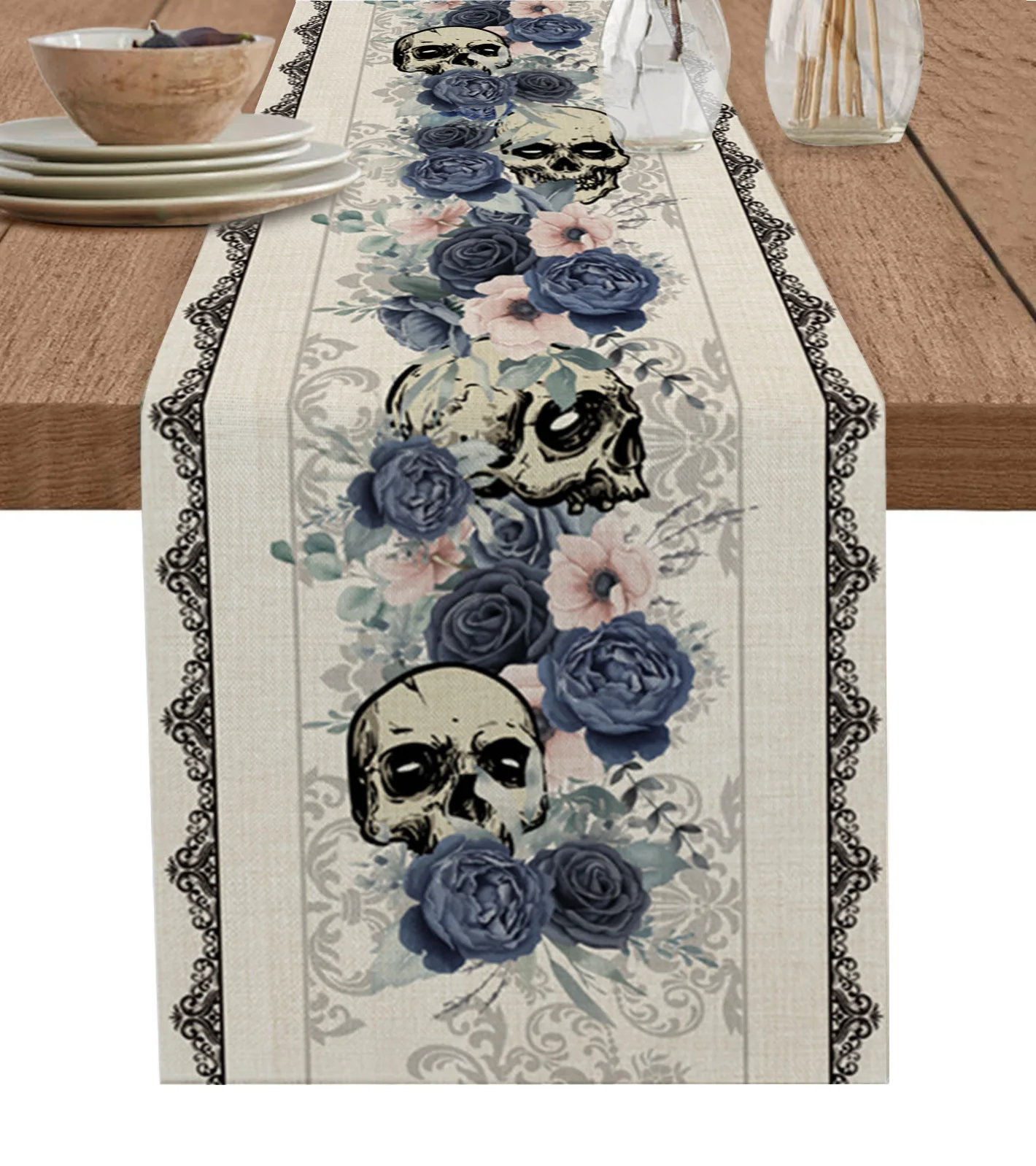 

Halloween Flower Skull Table Runner Wedding Party Dining Table Cover Cloth Placemat Napkin Home Kitchen Decoration