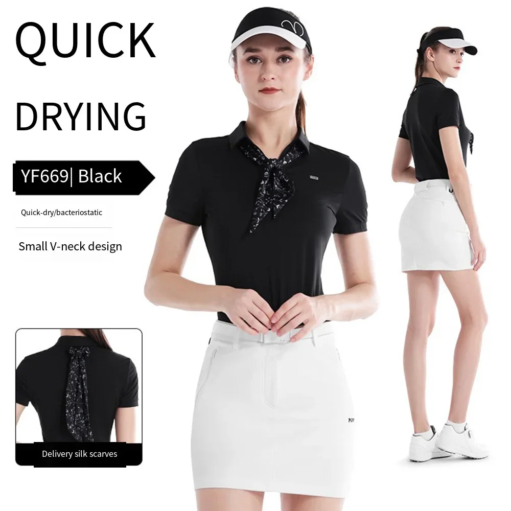 PGM Quick Drying Golf Sports T-shirt Lady High Elastic Short-sleeved Top Summer Breathable V-neck Polo Shirt YF669