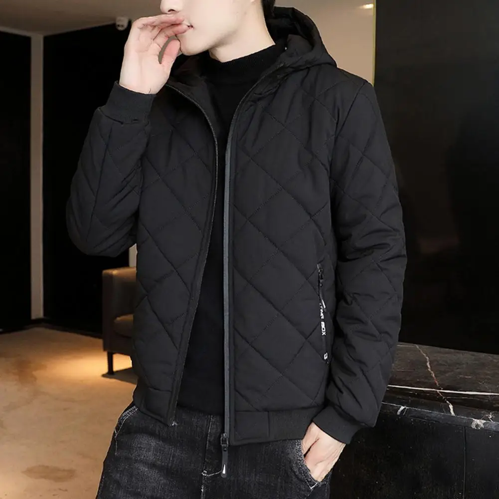 

Windproof Coat Men's Cotton Quilted Jacket With Hood Zipper Placket Long Sleeve Solid Color Outwear With Elastic Hem For Winter