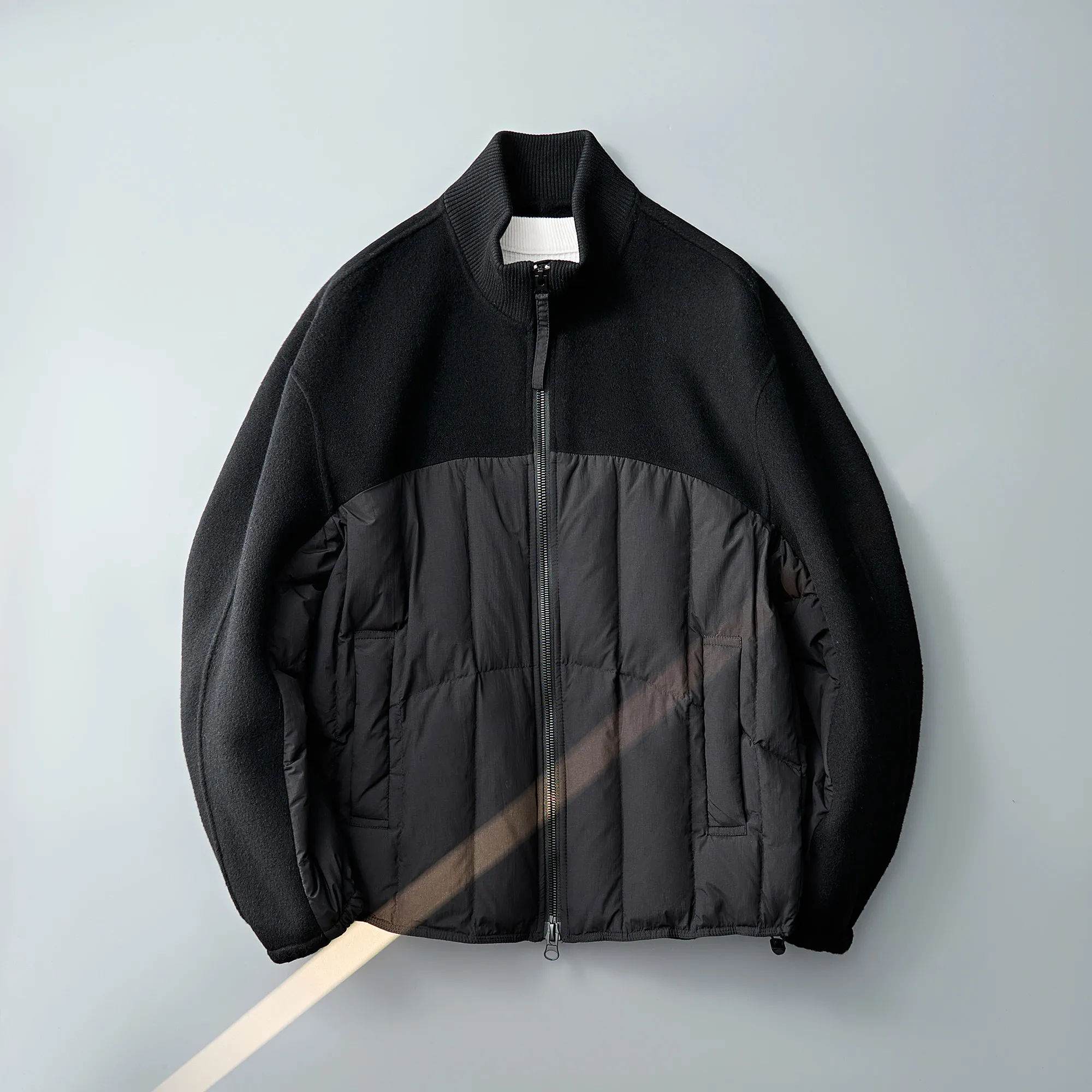 Autumn Winter Men Wool Blend Spliced Puffer Jacket, Rib Stand Collar Zipper Loose Long Sleeve Warm Hybrid Down Outer Coat