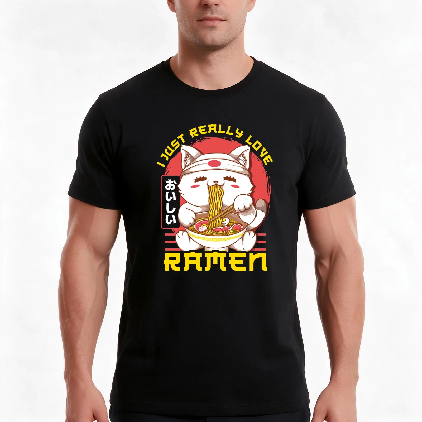 Cute & Funny I Just Really Love Ramen Anime Cat T-Shirt, Summer Casual Cotton Tee, Oversized Streetwear Tops, Unisex Men Women