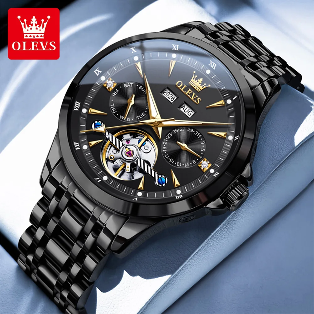 

OLEVS Brand Skeleton Men's Watches Black Date Automatic Mechanical Watch for Man Multi-functional Trend Original Wristwatch