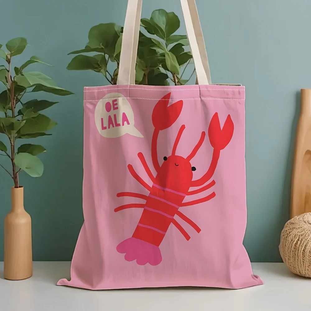 Bolso de lona con estampado de langosta rosa, adecuado para uso diario, compras, escuela y viajes.