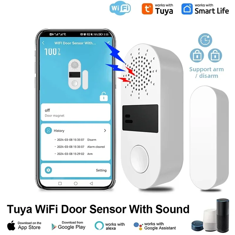 Tuya WiFi Door Window Sensor Sound and Light Alarm Home Security Wireless Magnetic Anti-Theft Smart Voice Control Protection