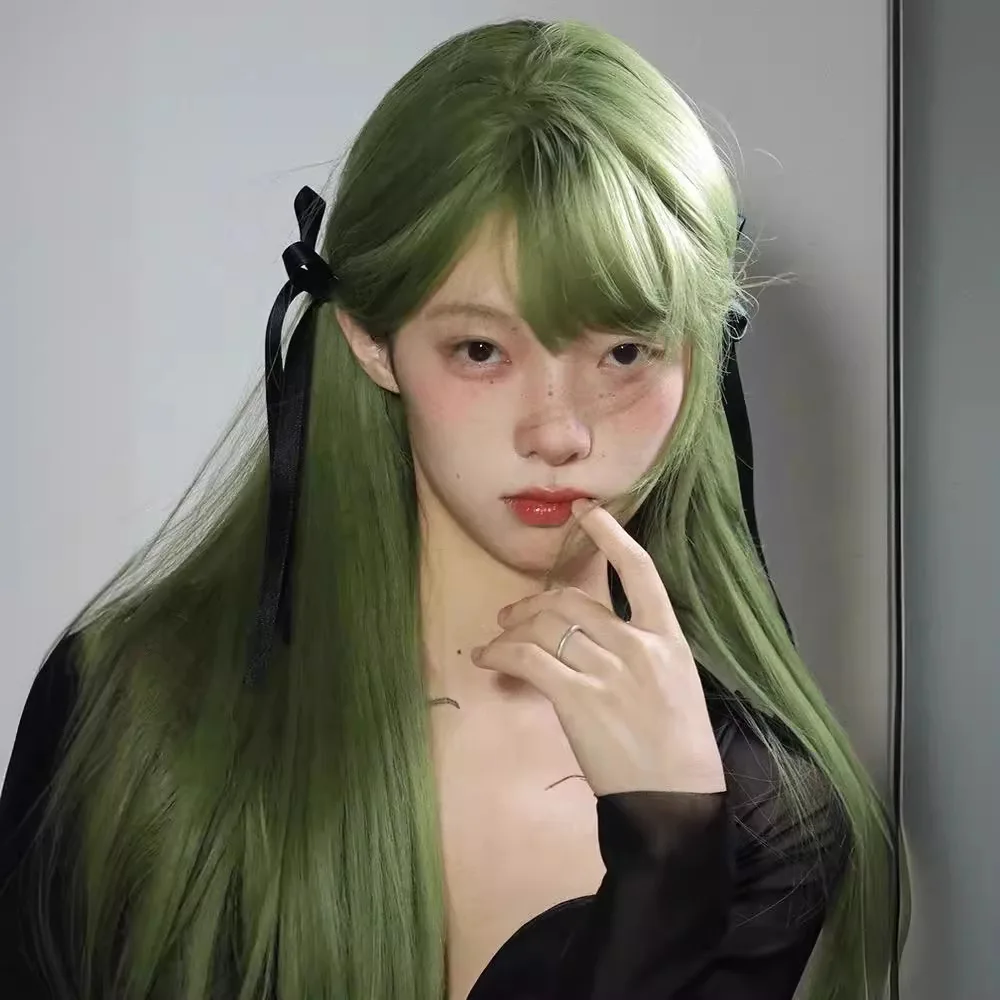 

Синтетический длинный прямой зеленый парик с челкой, естественный вид, полная голова, косплей, вечерние, повседневное использование, женская замена волос
