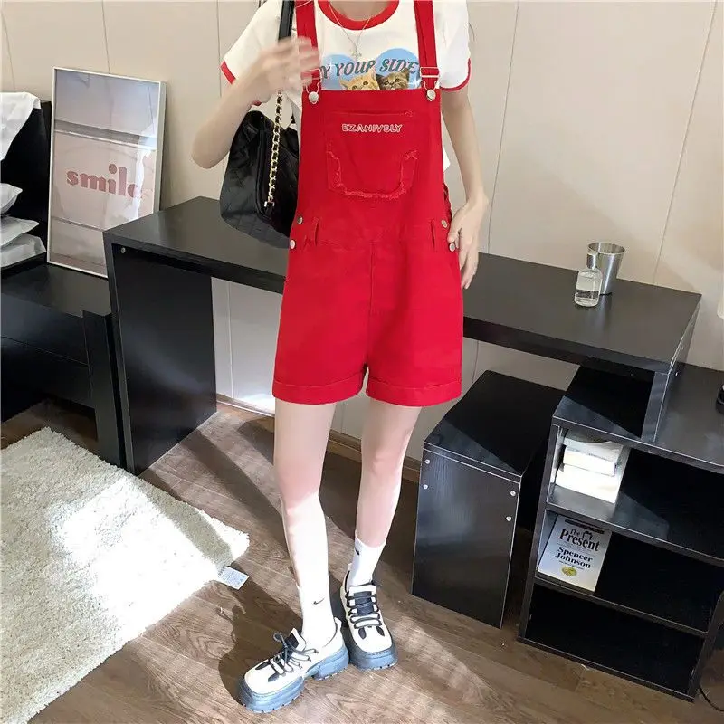 Denim Bib Shorts Red 2024 Summer New Loose Wide Leg Sling Hot Short Trousers High Waist Letters Jumpsuit For Women
