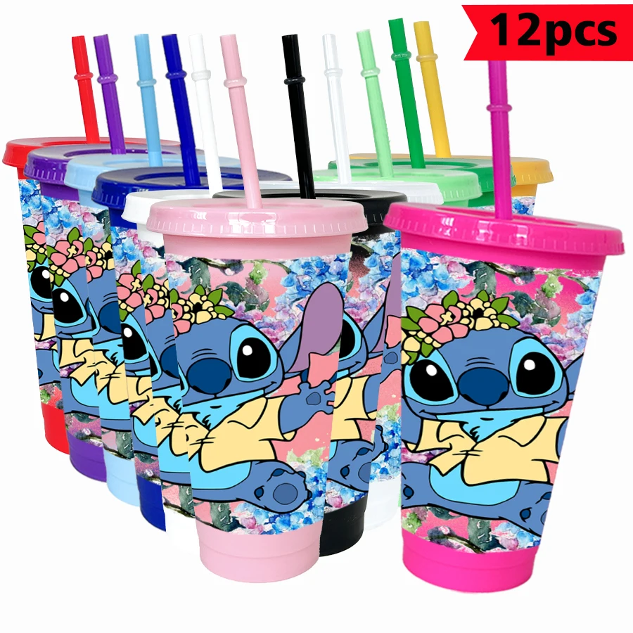 

12 шт./упак. Disney Stitch Flowers 26 унций цветной пластиковый стакан для дня рождения, питьевая посуда, кружка для сока, кофе