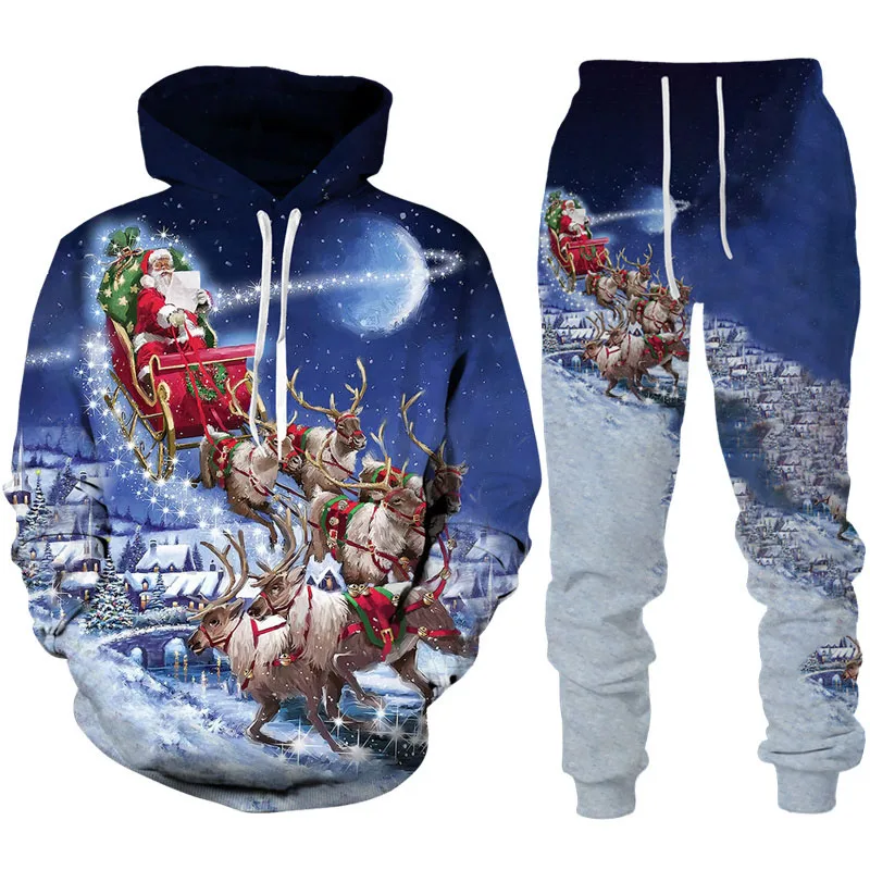 Hoodies ผู้ชายชุดปีใหม่คริสต์มาสผู้ชายอะนิเมะ Hoodie กางเกงชุด Santa Claus 3D พิมพ์ปาร์ตี้ Street สนุกเทศกาลชุด