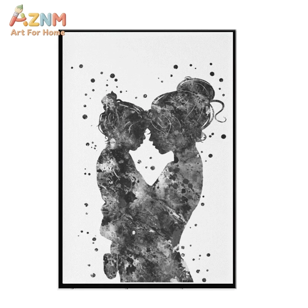 AZNM Black and White Mother and Child Watercolor Canvas Wall Art, Loving Family Silhouette Print, Frameless Emotional Bond Canva