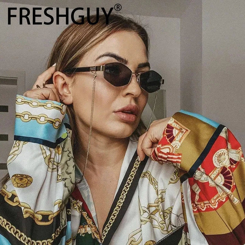 

Солнечные очки FRESHGUY в стиле панк женские, винтажные солнцезащитные аксессуары с маленькой оправой и цепочкой, роскошные брендовые дизайнерские шестигранные, UV400