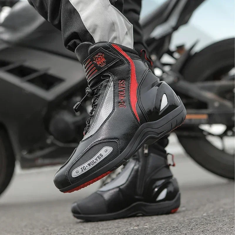 JG.WOLVES Motorcycle Riding Leather Boots for Men and Women Outdoor Botas Motocross Winter Black Thick Soled Plush Knight Boots