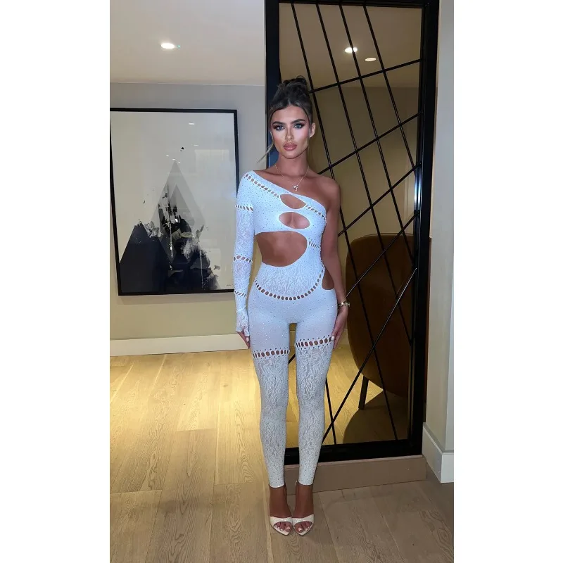 Weird Puss Shine Rhinestones Jumpsuits Women Irregular Hollow Skew Collar Single Sleeve Hottie Sexy Coquettish Clubwear Overalls