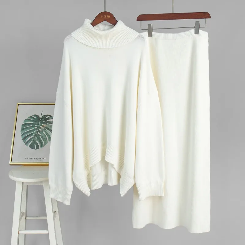 Set gonna maglione dolcevita lavorato a maglia da donna Autunno Inverno Abito caldo da donna casual in 2 pezzi tinta unita allentato