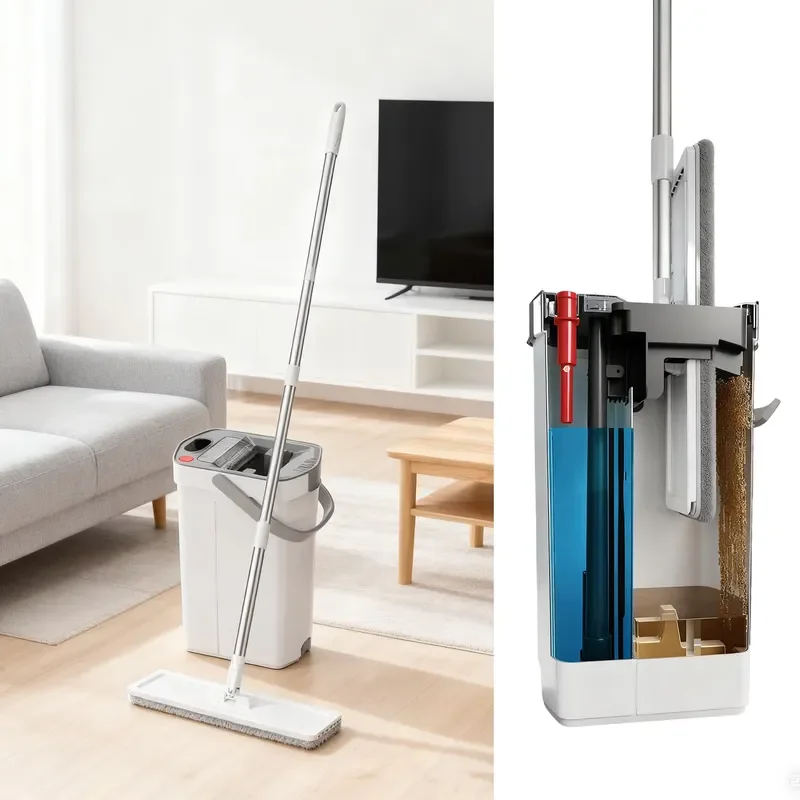 Microfiber Flat Mop with Steel Rod and Bucket Set for Floor Cleaning Dirty Water Separation Pad Extrusion System Home Use