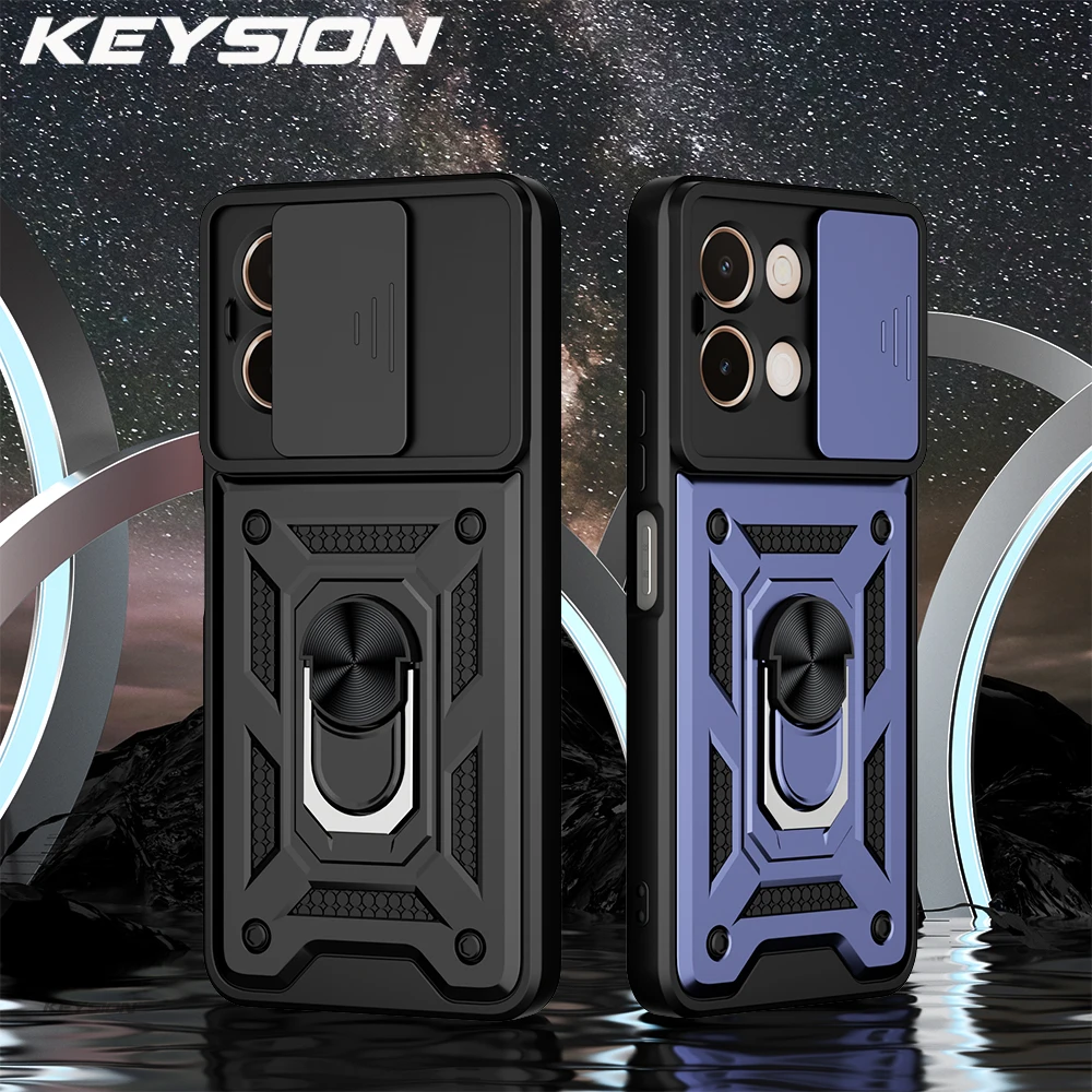 KEYSION Shockproof Armor Case for VIVO Y28 Slide Push Pull Camera Lens Protection Ring Stand Phone Back Cover for VIVO Y28 4G