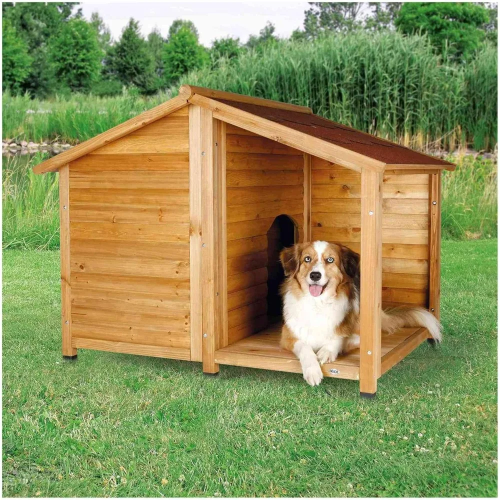 natura Lodge Dog House, Covered Porch, Hinged Roof, Adjustable Legs, Brown, Medium