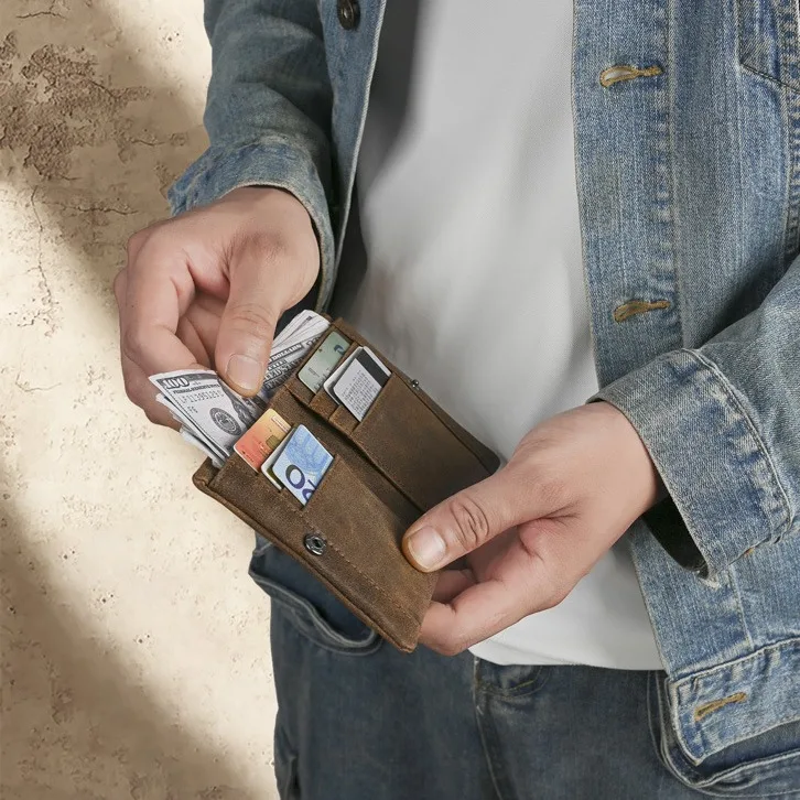 LD-Men's Leather Vertical Wallet, Casual and Fashionable with Multiple Card Slots, Vintage Cowhide Coin Change