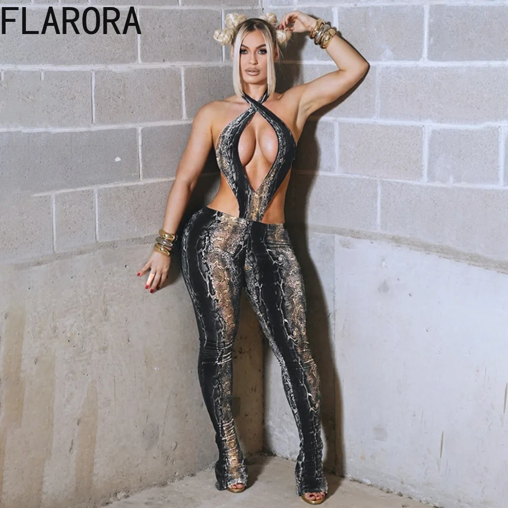 

FLARORA Wild Style Serpentine Print Jumpsuit Woman Sexy Halter Hollow Sleeveless Backless Lace Up Playsuit Hot Clubwear Overalls