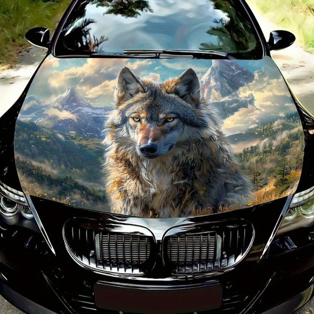 

Snowy Mountains, Blue Sky, Gray Wolf Pattern Car Hood Wrap Color Vinyl Sticker Truck Graphic Bonnet Auto Accessories Decoration