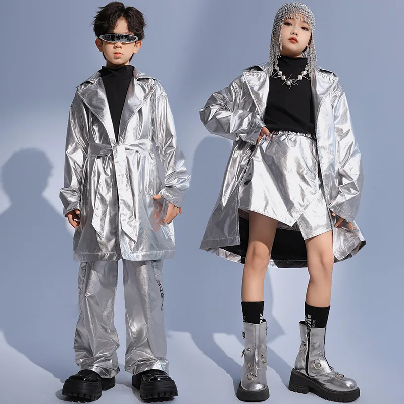 Kpop Kids Jazz Dance Costume Silver Coat Pants Skirt Boys Hip Hop Clothes Girls Cheerleading Performance Outfits Stage BL12254