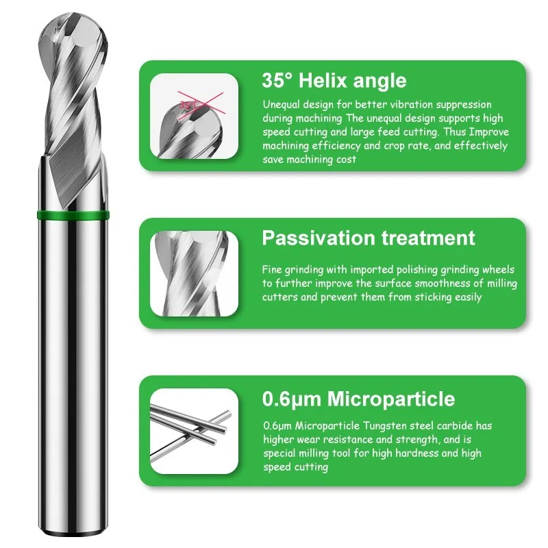 AZZKOR TGH-HRC50 2-Flute Tungsten Steel Carbide For Aluminum Woodworking Milling Cutter CNC Machining Center Ball Nose End Mills