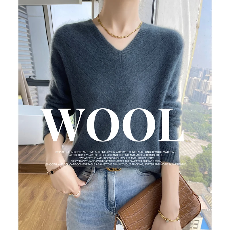 DjzDsm Autumn/Winter New 100% Pure Wool Knitted Sweater Top Women's V-neck Thick Hollow Long Sleeve Wool Sweater  Pullover