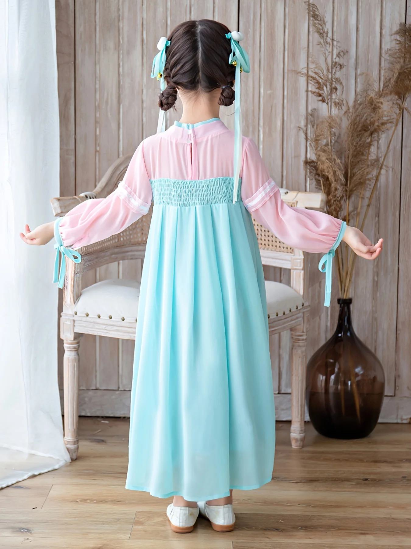 Meninas chinês antiguidade hanfu tang flor bordado mangas compridas chiffon azul princesa vestido primavera festival trajes de ano novo