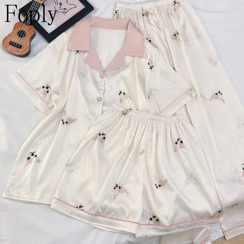 

Cardigan Three-Piece Woman Pajamas Set Dogs Print Satin Silk Spring Summer Pyjama Short-sleeved Pants Pijama Mujer Loungewear