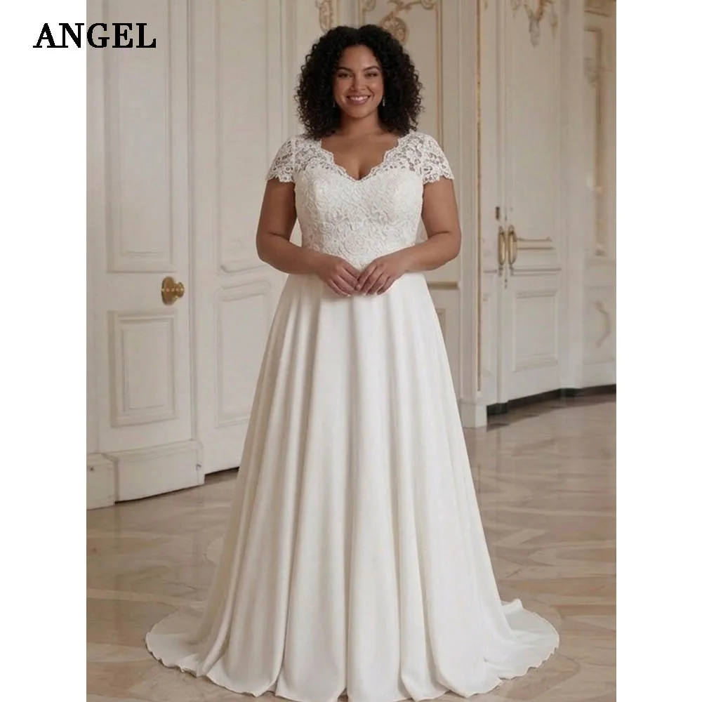 ANGEL Plus Size Chiffon Wedding Dresses 2026 Lace Appliques Long Bride Dress Cap Sleeves Bridal Gowns Vestidos De Novia Custom