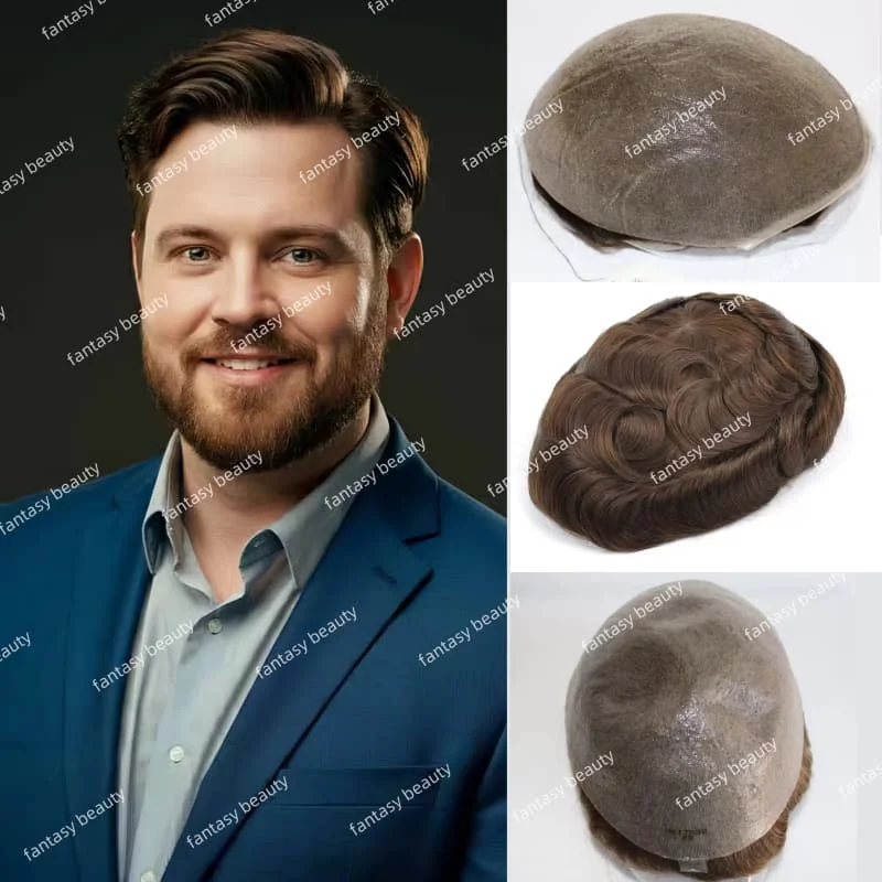 

Пепельно-коричневый # 610 # 620 # 7 микротонких человеческих волос, мужской парик, капиллярный протез, прочный 0,02 мм, полный мужской парик из искусственной кожи, система