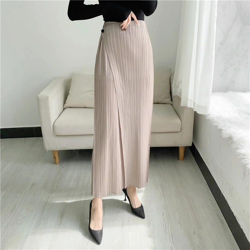 2023 Pleated Straight Pants Women Elastic Slim Fit Wide Leg Trousers Obliquely New Spring Summer Autumn Woman Loose Casual Pants